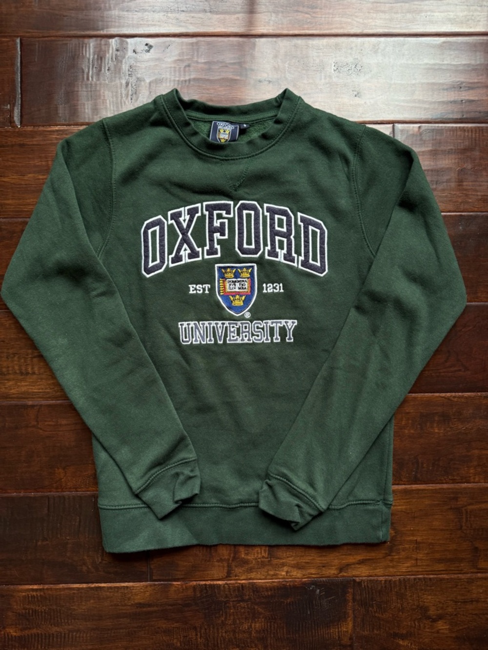 Oxford University Crewneck Sweatshirt Green Embroidered Crest Preppy Academia